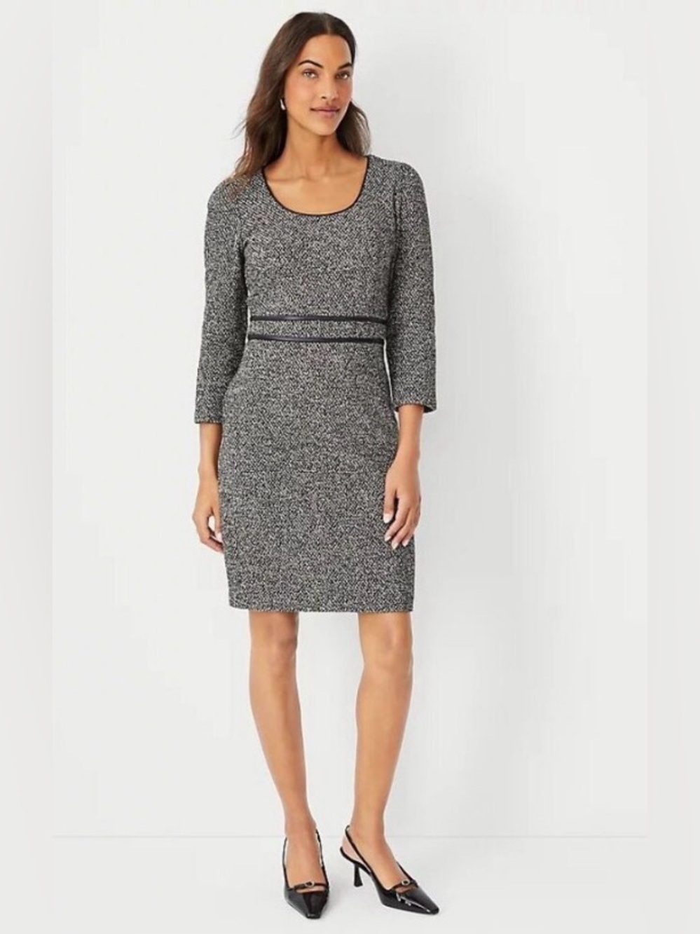 Ann Taylor Faux Leather Trim Boucle Tweed Sheath Dress Size 6 Career Polished